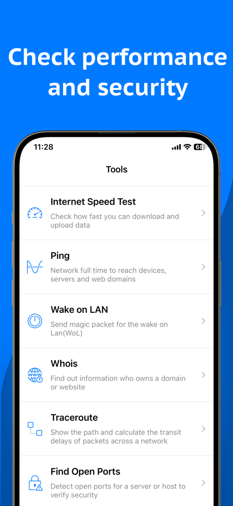 Captura de pantalla del menú de la aplicación Network Analyzer que enumera herramientas como Prueba de Velocidad de Internet, Ping y Traceroute