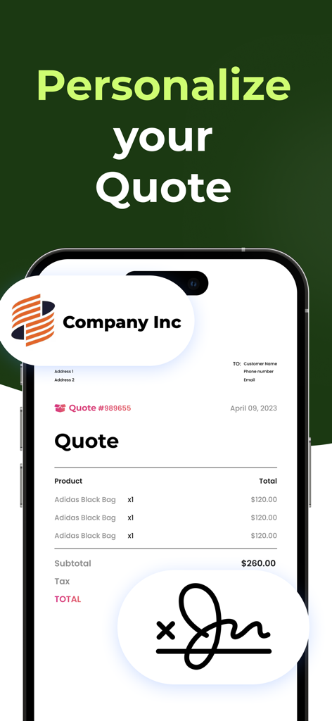 A mobile phone displaying a personalized job quote with a custom logo and digital signature.