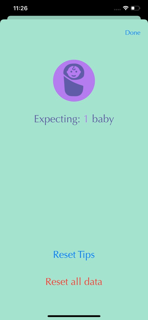 Contraction Time Tracker app settings screen displaying expecting one baby and reset data options