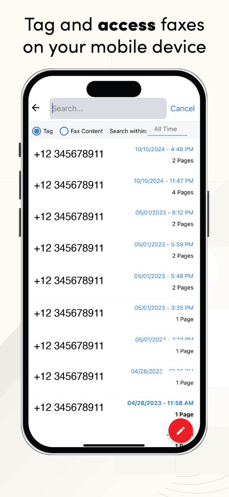 Interface do aplicativo eFax exibindo uma lista pesquisável de faxes com datas e números de página