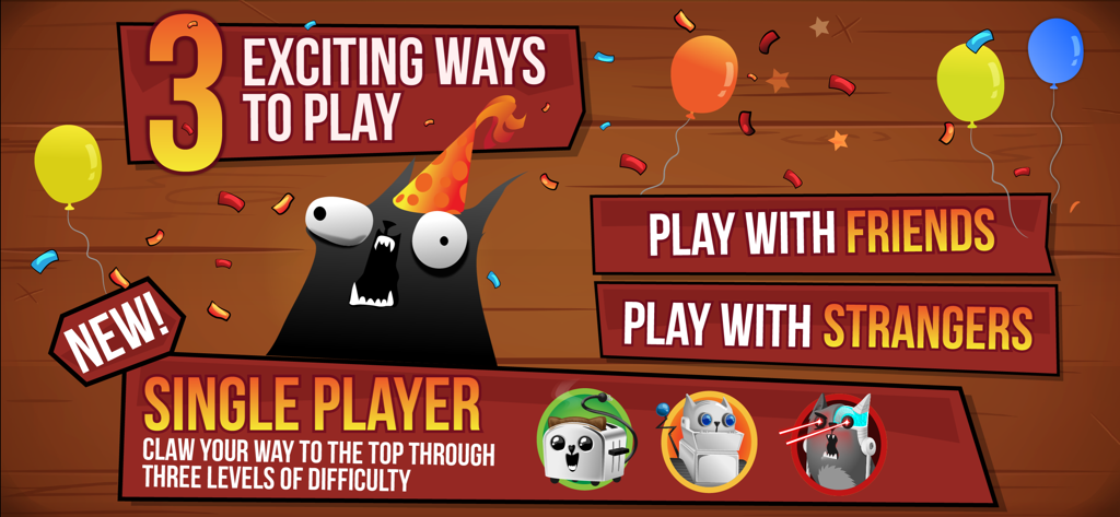Exploding Kittens app screenshot showing three game modes: Single Player, Play with Friends, and Play with Strangers.