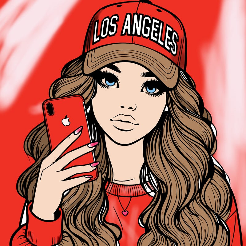 realistic beautiful girl wearing los ángeles cap holding an iphone