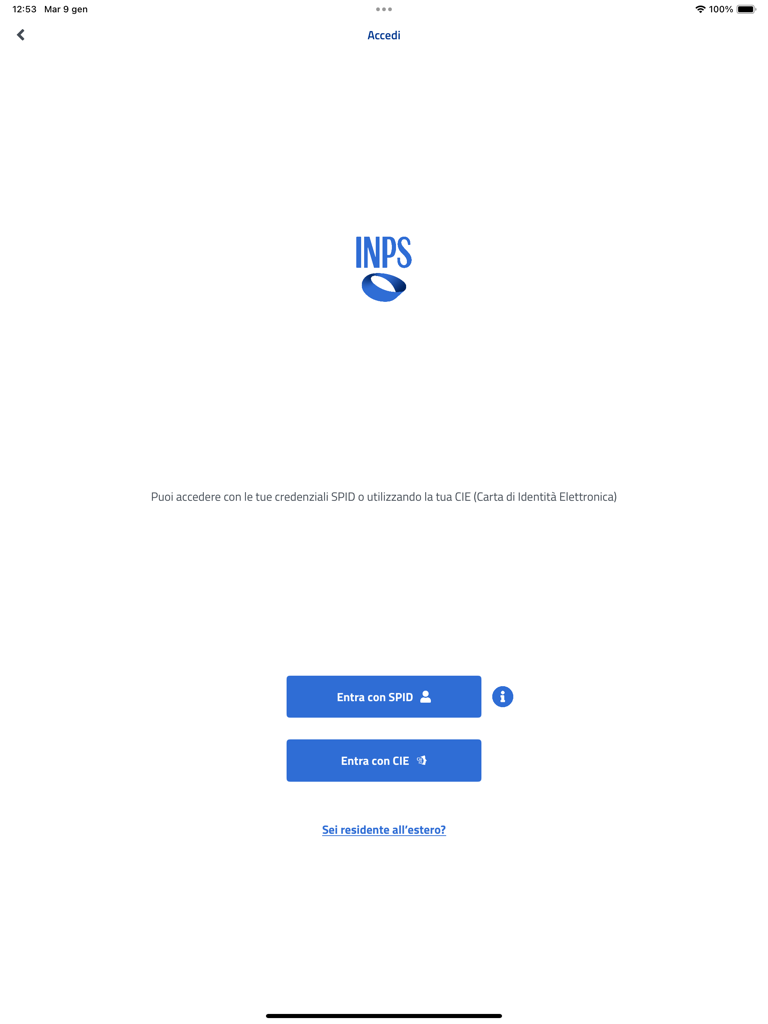 INPS mobile per Tablet - SPID 및 CIE 인증 버튼이 있는 INPS 모바일 태블릿 앱 로그인 화면