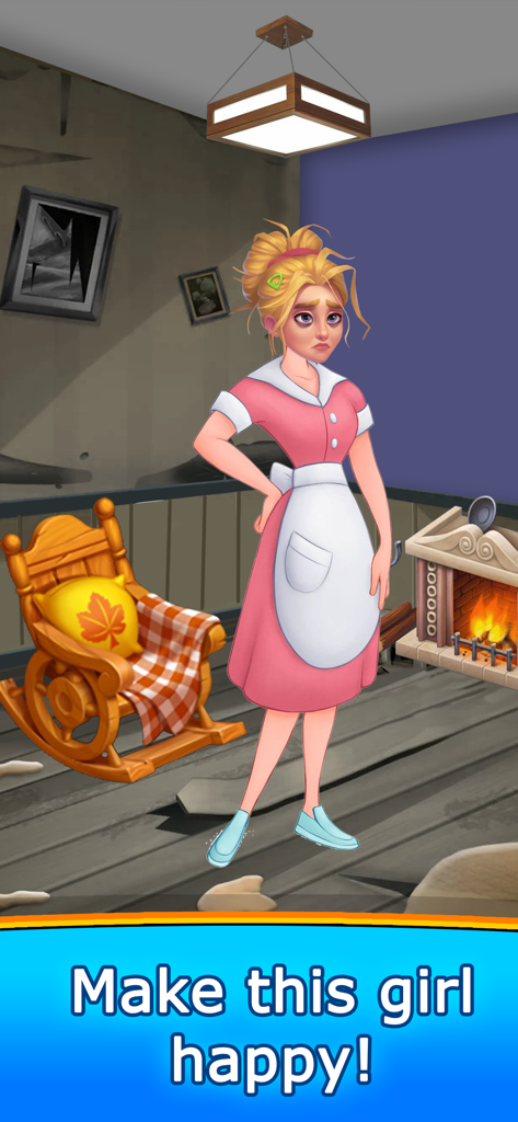 Una mujer triste de pie en una habitación desordenada con una indicación para hacerla feliz en el juego Tidy Color Sort.