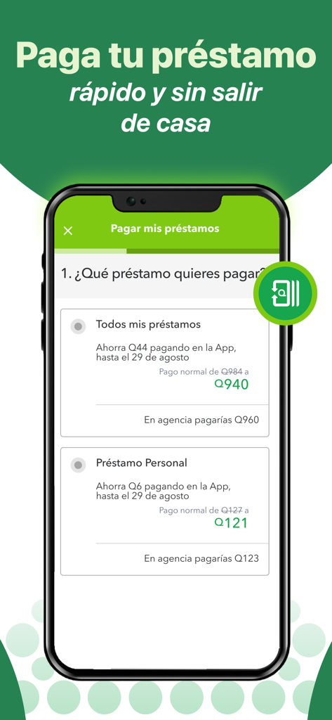 Bildschirm der Banco Azteca Guatemala App, der Optionen zur Bezahlung von Privatkrediten und zur Gebühreneinsparung anzeigt.