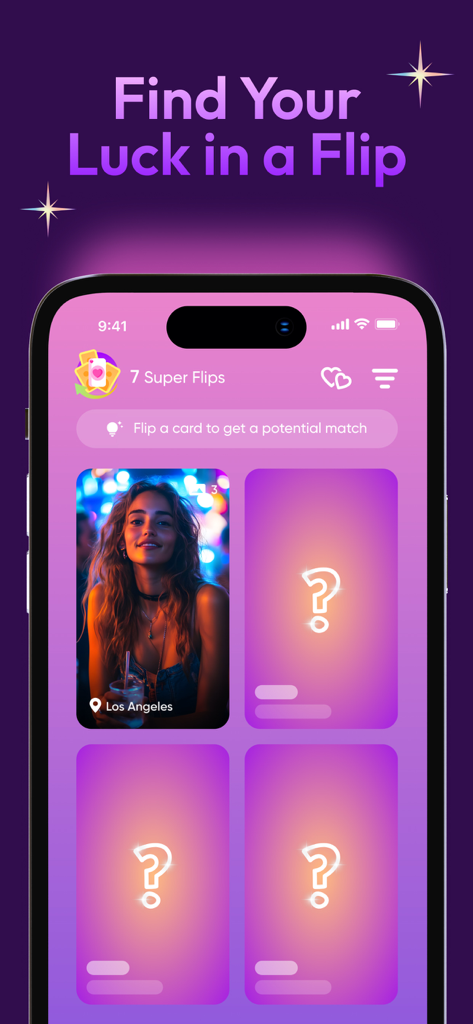 Casual Dating & Flirt - Kasual - Interface of the Kasual dating app showing the Flip to Discover feature with profile cards and a local match in Los Angeles