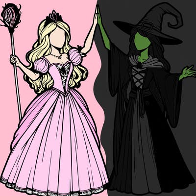detailed realistic split of a princess and a witch