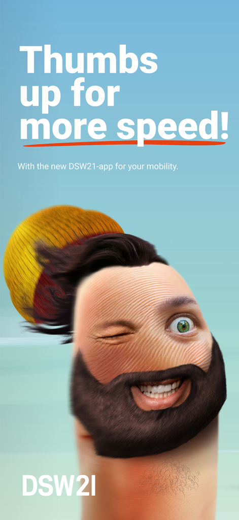 DSW21-App - DSW21 mobility app promotional banner featuring a winking thumb character and speed slogan