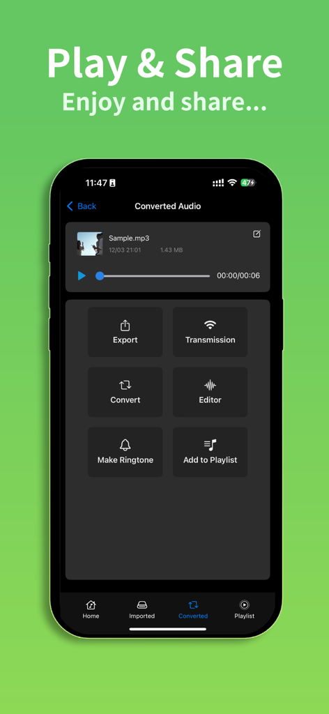 Interfaz de la aplicación Any MP3 Converter que muestra reproducción de audio y opciones para exportación y creación de tonos