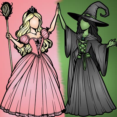 detailed realistic split of a princess and a witch