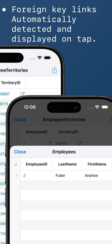 Interface of MySQL Client by SQLPro highlighting automatic foreign key link detection and table navigation