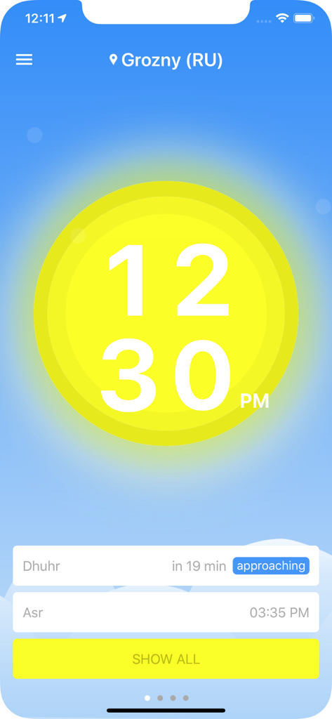 1Muslim: Prayer times, Azan - 1Muslim app main screen displaying current time and upcoming prayer schedules for Dhuhr and Asr.