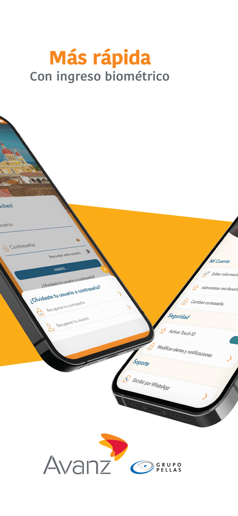 Interfaz de la aplicación bancaria Avanz Móvil que muestra el inicio de sesión biométrico y la configuración de seguridad en pantallas móviles.