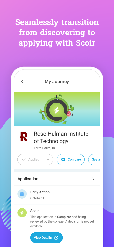 Scoir - Scoir app screen showing the My Journey section with a completed application status for Rose-Hulman Institute of Technology