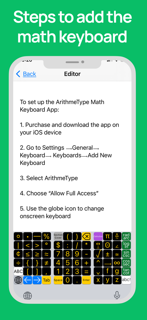 Steps to add the ArithmeType math keyboard on an iOS device