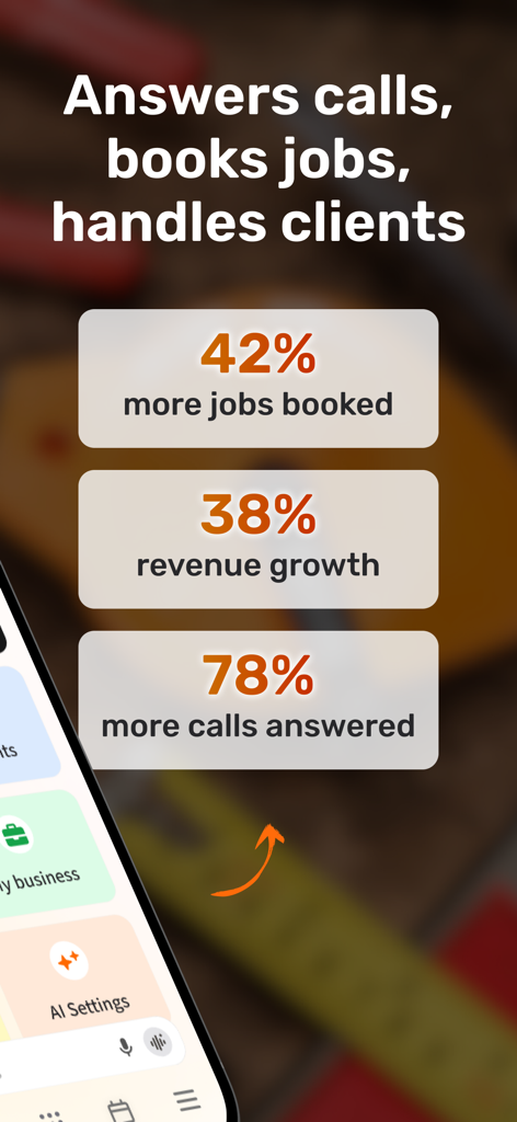 Overbooked : AI Field Service - 예약된 작업 증가, 수익 성장 및 통화 수신 통계를 보여주는 Overbooked 앱 대시보드.