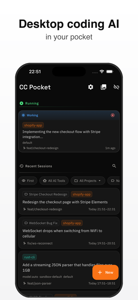 CC Pocket: Dev Agent Remote - CC Pocket app dashboard showing active and recent AI coding agent sessions for mobile development management