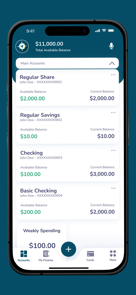 Panel de la aplicación móvil PAHO WHO Federal Credit Union que muestra varios tipos de cuentas y saldos