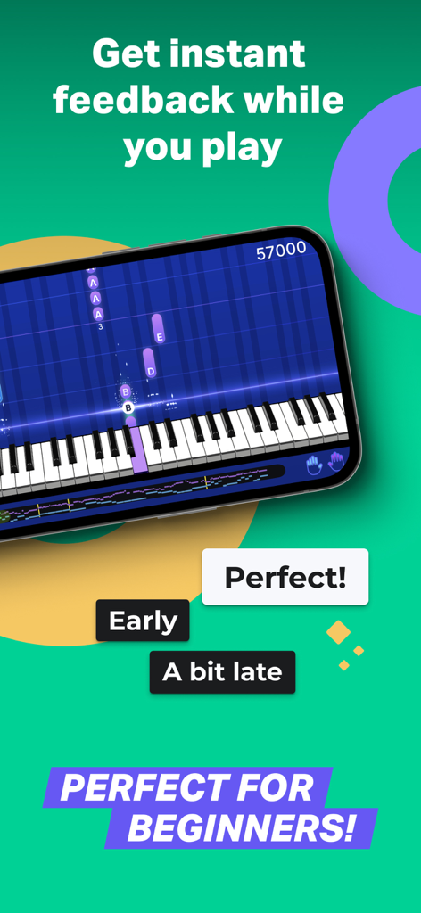 Piano by Yousician - Piano by Yousician app interface showing a gamified music lesson with real time feedback for beginners