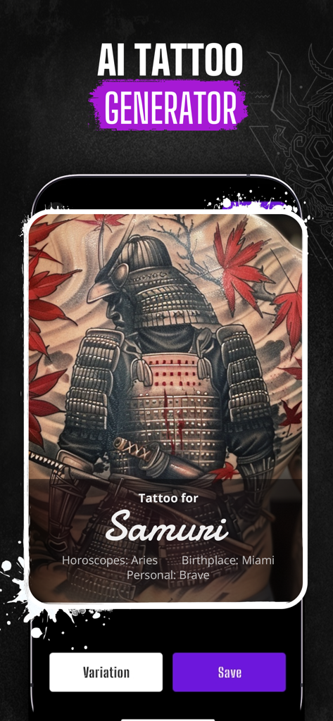 Next Ink: AI Tattoo Design - AI tattoo generator interface showing a samurai design with personalized user data