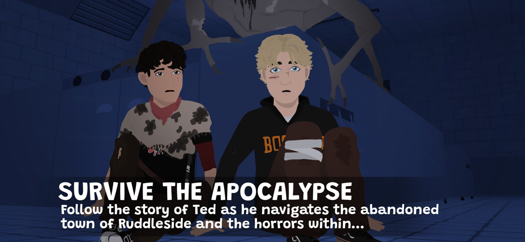 キャラクターのテッドとディエゴが、ゲーム「Nocturnals」の暗い部屋に座っており、「Survive the Apocalypse」のテキストが表示されている