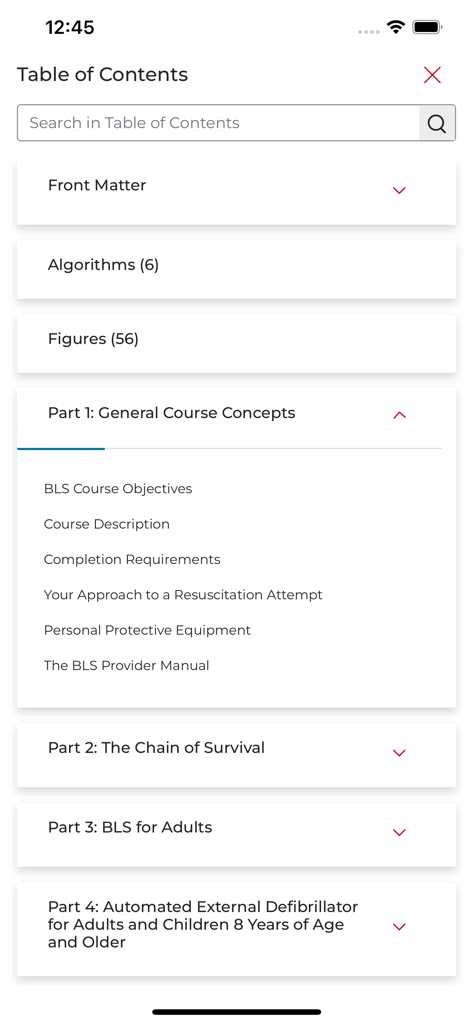 Table of contents for a BLS provider manual in the AHA eBook Reader app