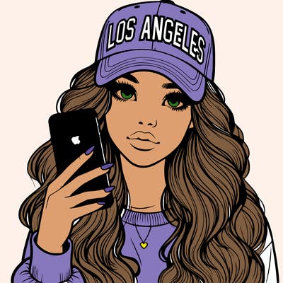 realistic beautiful girl wearing los ángeles cap holding an iphone
