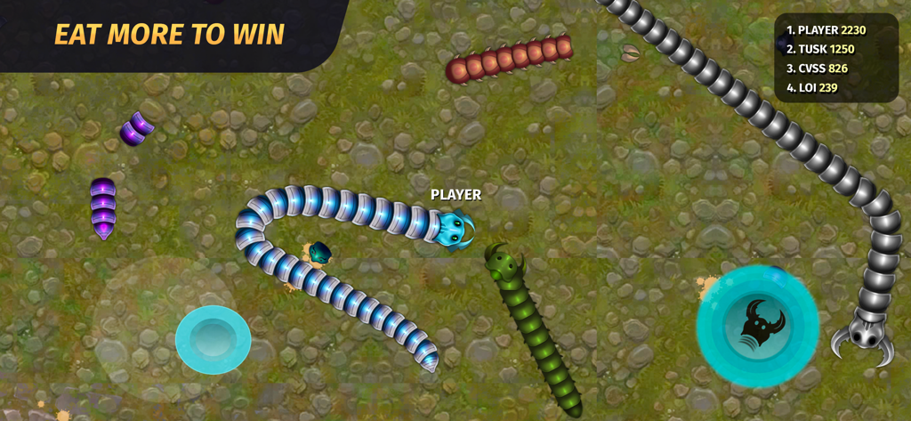 Captura de pantalla del juego Worm.io Snake Battle con múltiples gusanos coloridos en un campo cubierto de hierba con una tabla de clasificación