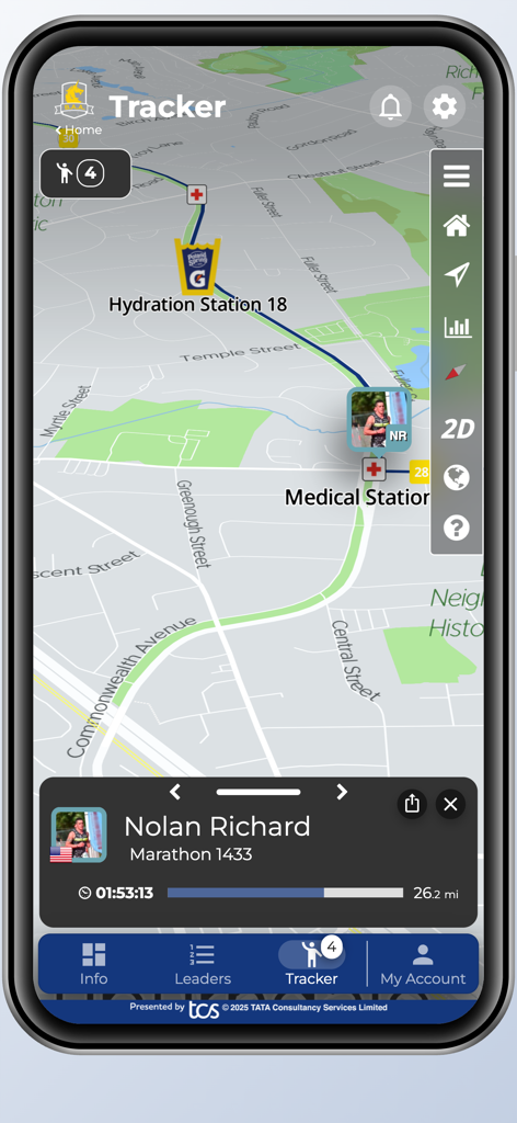 B.A.A. Racing App - Boston Marathon live runner tracker showing map location and race time