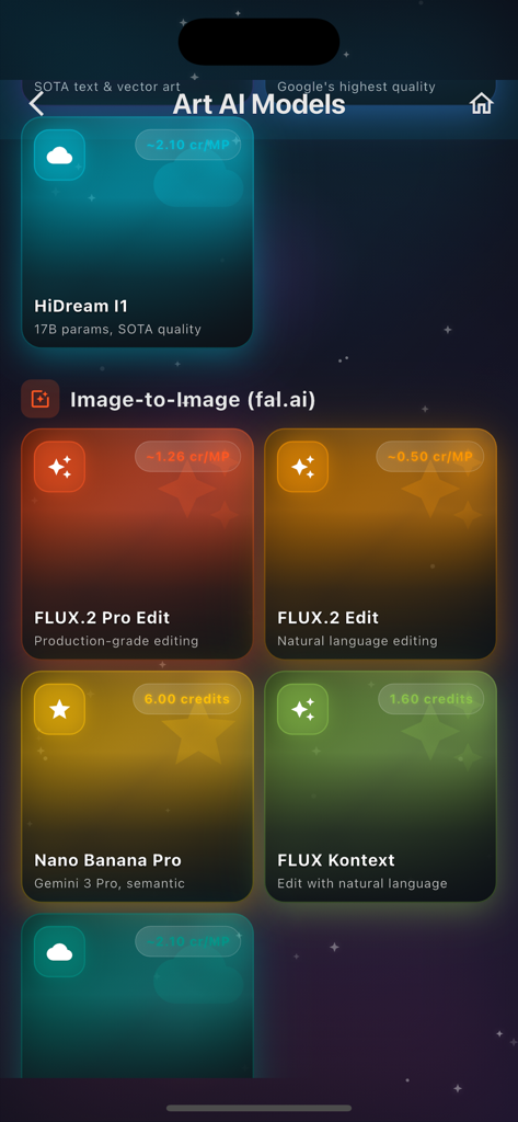 ChatAgent AI Chat Ask Anything - Interface mostrando vários modelos de arte de IA como FLUX e HiDream para geração e edição de imagens dentro do aplicativo ChatAgent.