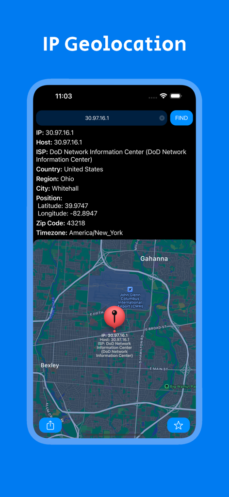 Oberfläche, die detaillierte IP-Geolokalisierungsdaten einschließlich ISP-Stadt und einer Kartenansicht anzeigt.