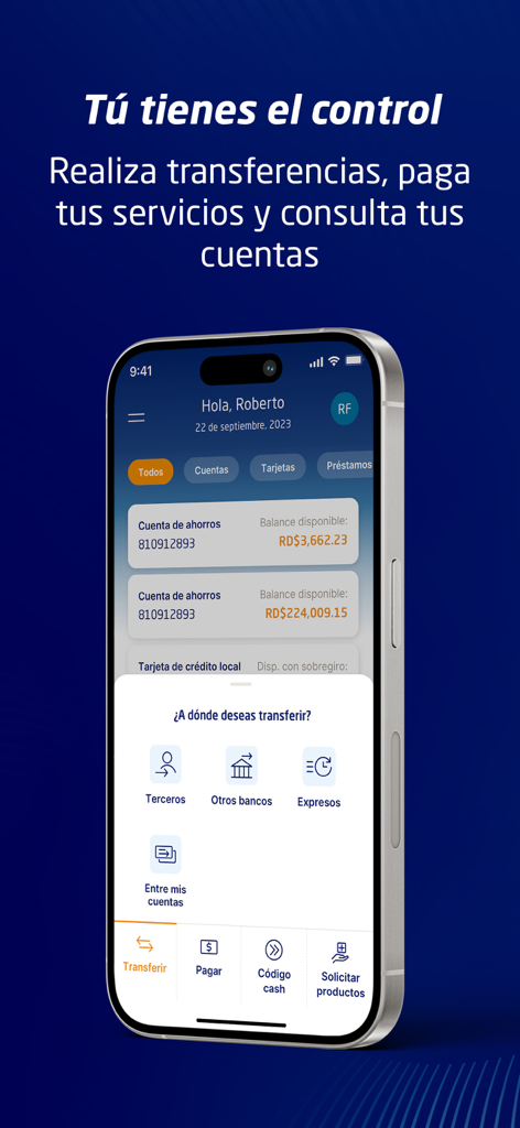 Smartphone mostrando el panel de la aplicación Banco Popular Dominicano con saldos de cuentas y un menú de transferencia de dinero.