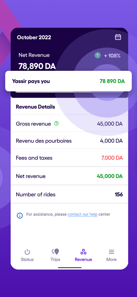 Tableau de bord des revenus de l'application Yassir Driver affichant les gains nets mensuels et les statistiques de courses en dinars algériens