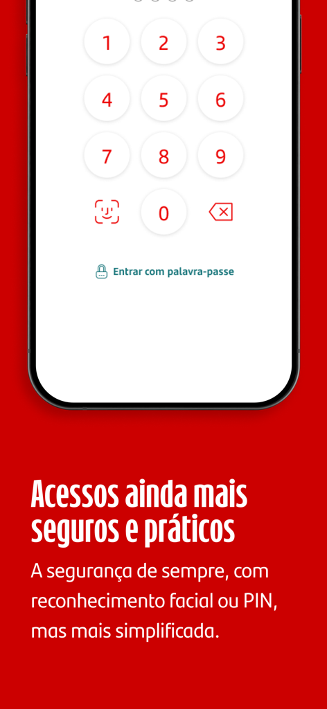 Tela de login segura para o aplicativo Santander Portugal com entrada de PIN e opções de reconhecimento facial biométrico