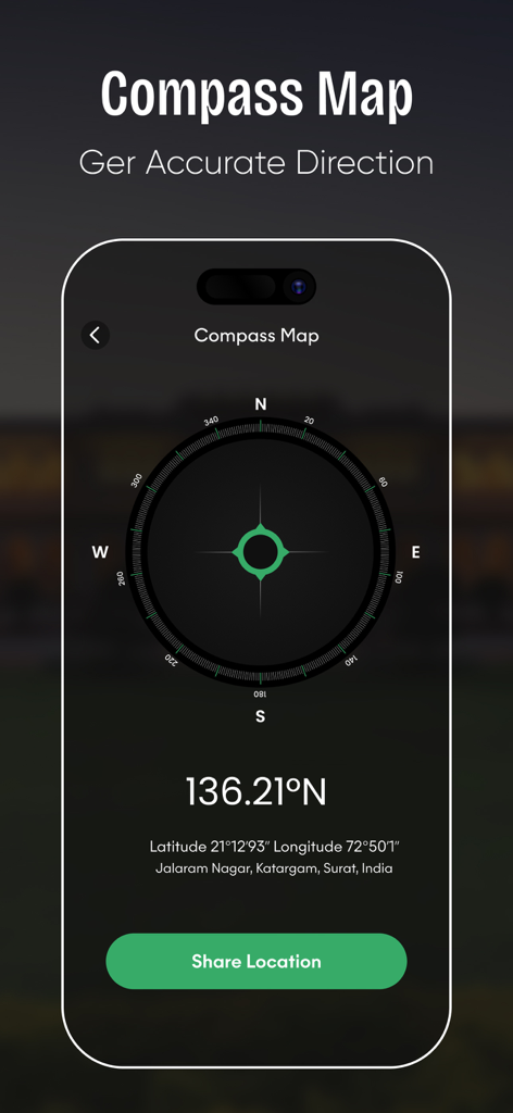 Live Earth Camera Street View - Digital compass interface in the Live Earth Camera app showing GPS coordinates and location sharing