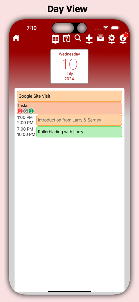 myCal PRO Planner - 색상 코딩된 이벤트 및 작업이 표시되는 myCal PRO Planner 앱의 일일 일정 보기