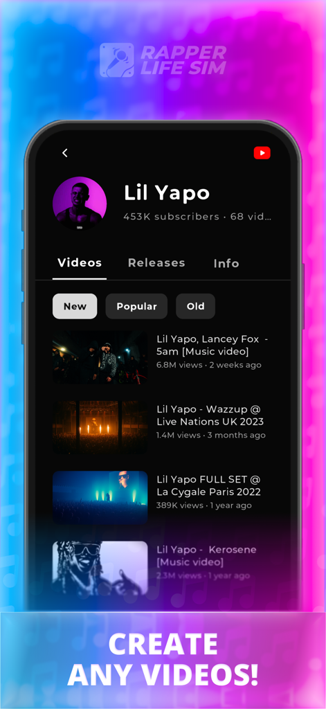 Rapper Life Simulator - Interface for creating and managing music videos in the Rapper Life Simulator mobile game