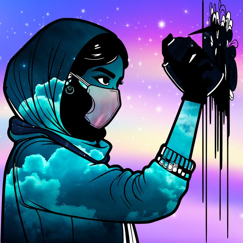 realistic girl with mask spray painting a wall