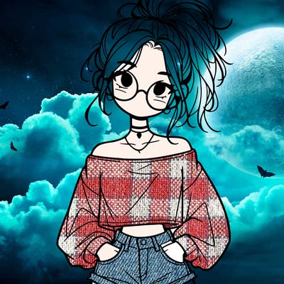 girl with a messy ponytail glasses a baggy crop top and jean shorts