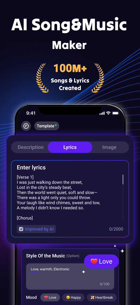 Interfaz de la aplicación Rythmix que muestra la pantalla de entrada de letras y la selección de estilo para la generación de música con IA