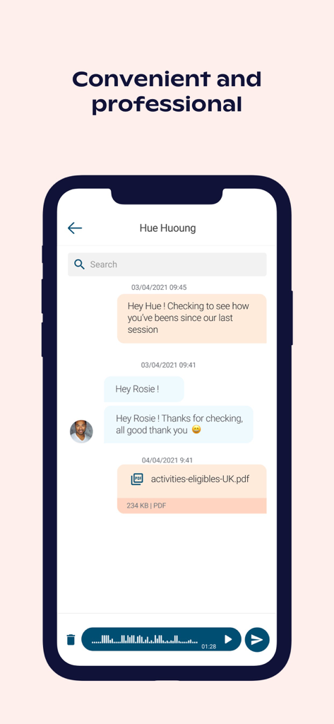 Sama Coach: Sama for coaches - Sama Coach app chat interface showing a professional conversation with text messages, file sharing, and voice notes.