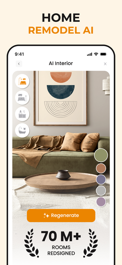 AI-powered home interior design app showing a living room remodel with a green sofa and a regenerate button.