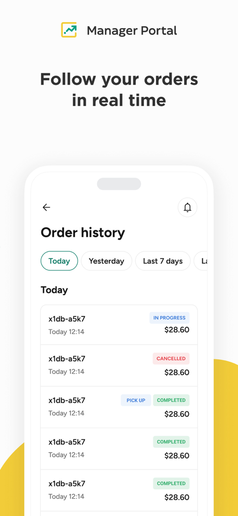Glovo Manager Portal - Glovo Manager Portalアプリのステータストラッキング付きリアルタイム注文履歴を表示するモバイル画面