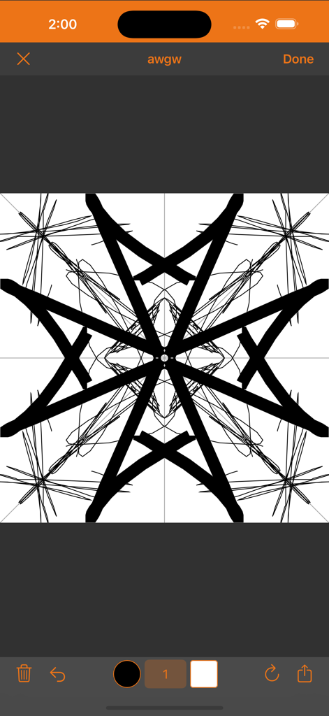 Black and white symmetrical drawing on the Fx Symmetry app interface