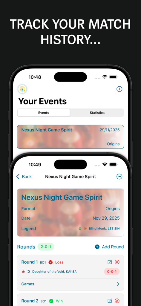 Two iPhone screens displaying the Riftbound Companion event tracker with match history and round results.