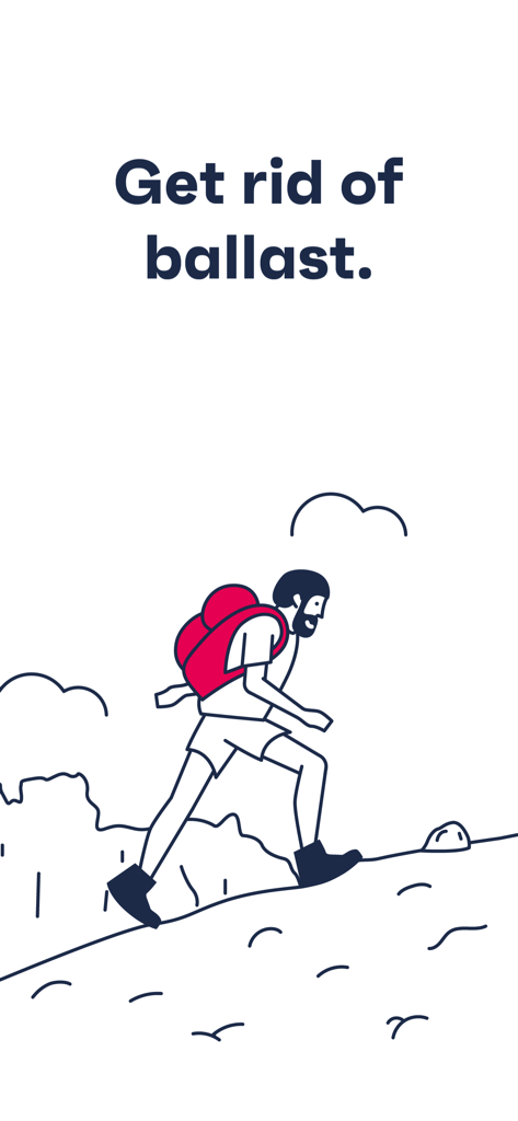 finpension - Minimalist illustration of a hiker with a red backpack and text saying Get rid of ballast