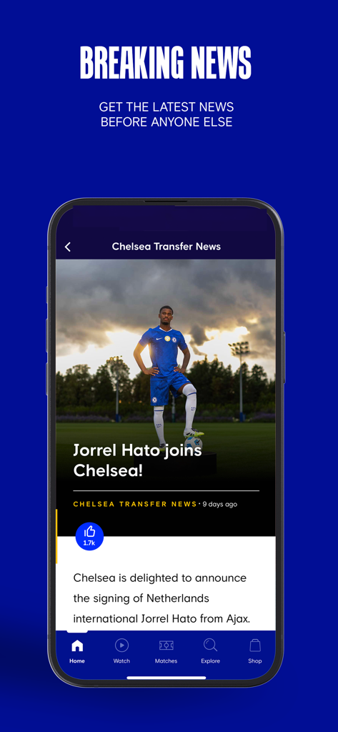 Chelsea Official App - A mobile phone displaying the Chelsea Official App breaking news screen with a player transfer announcement.