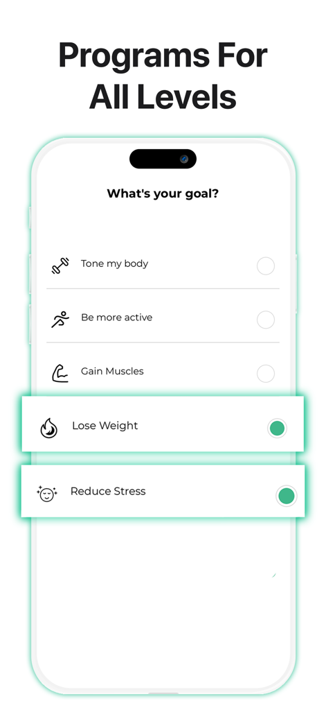 Fitonomy: Home & Gym Trainer - Fitonomy app screen showing fitness goal options like Lose Weight and Reduce Stress