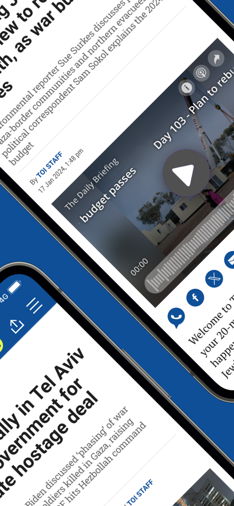 Mobile screenshots of The Times of Israel app showing news headlines and a video briefing interface