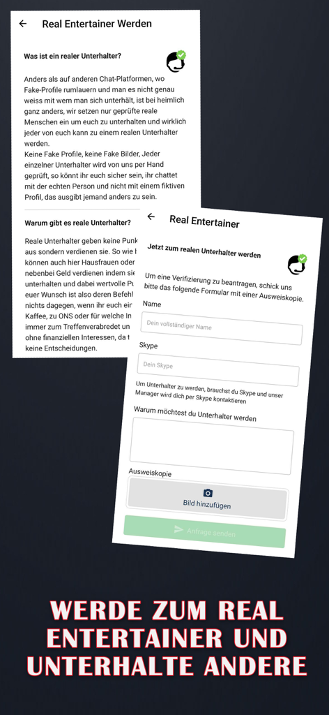 Pantalla de la aplicación Heimlich que muestra información y registro para convertirse en un Real Entertainer verificado
